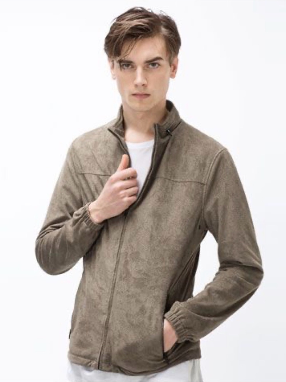 ZARA Perforated Faux Suede Jacket Full-Zip Stand-Collar Taupe Brown Men's M